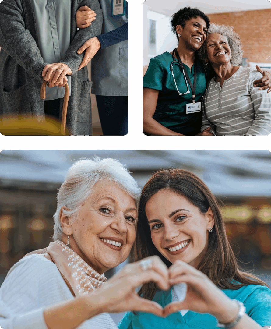 Heart gesture by elderly woman and caregiver